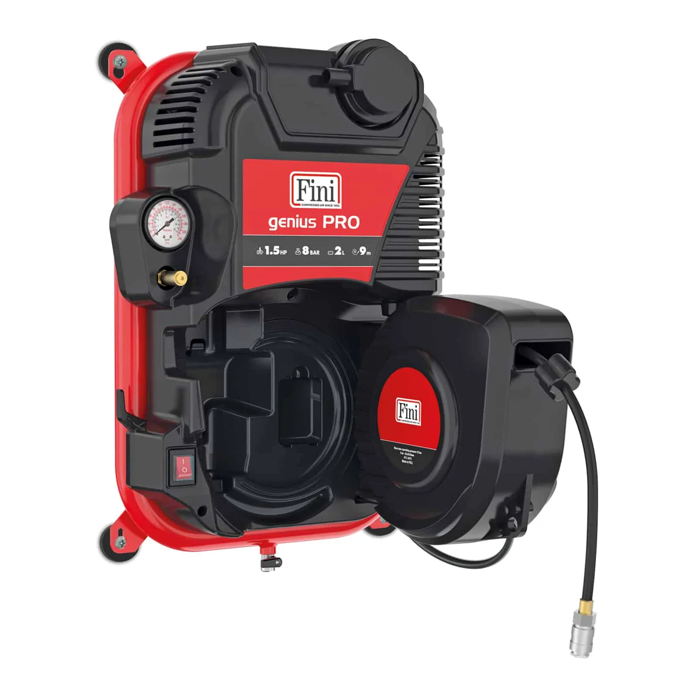 Genius PRO Oilless coaxial compressor with reel and 2-litre tank for hobbyists and professionals dettaglio